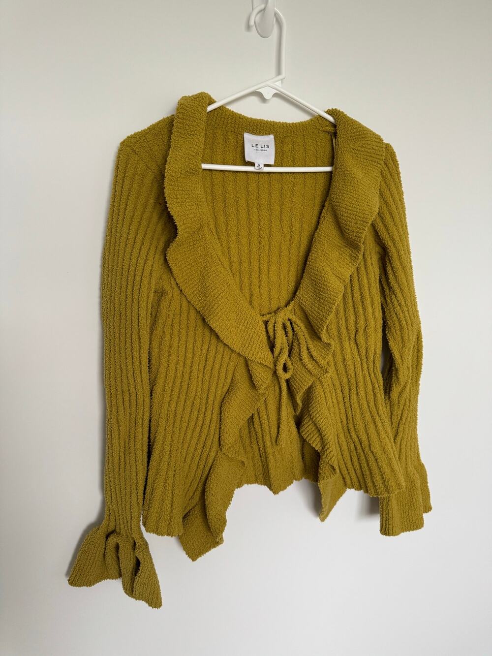 LE LIS Tie Front Ribbed Cardigan Green Bell Sleeve Romantic Sweater Medium